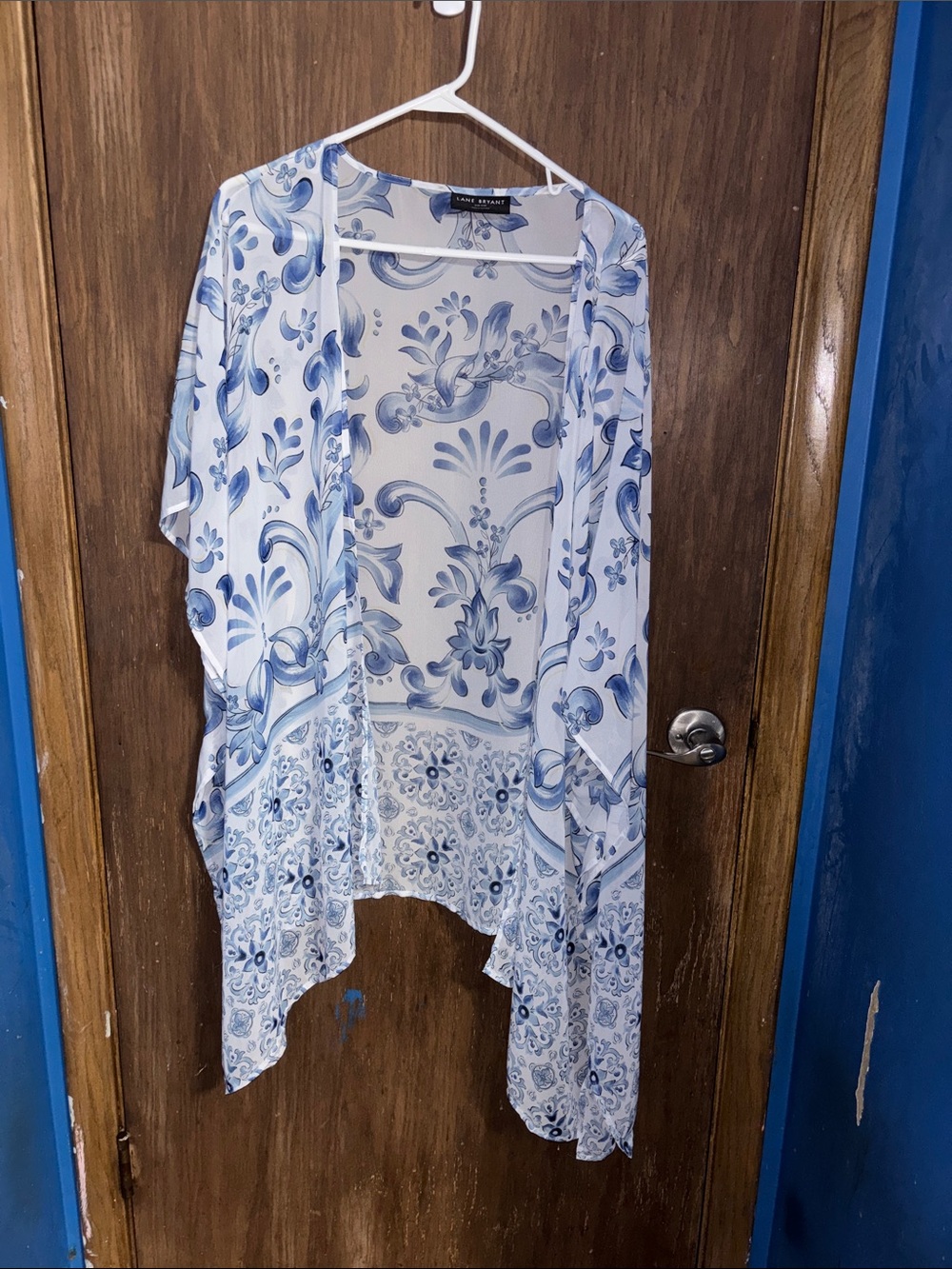 Lane Bryant Blue and White Floral Sheer Open-Front Kimono